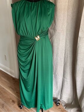 MICAS NWT Elegant Green Ruched Draped Maxi Dress with Metallic Accent